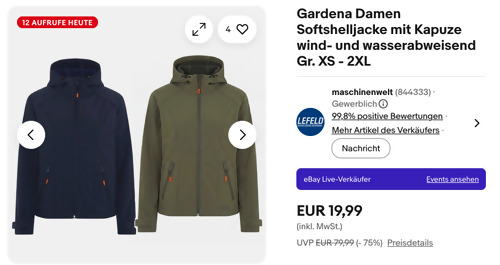 Gardena Damen Softshelljacke mit Kapuze, versch. Farben und Größen Gardena Damen Softshelljacke mit Kapuze, versch. Farben und Größen
