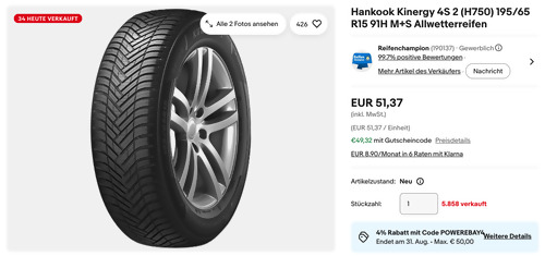 Hankook Kinergy 4S 2 (H750) 195/65 R15 91H M+S Allwetterreifen - jetzt 4% billiger Hankook Kinergy 4S 2 (H750) 195/65 R15 91H M+S Allwetterreifen - jetzt 4% billiger