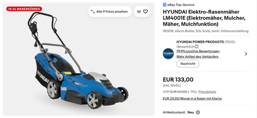 HYUNDAI Elektro-Rasenmäher LM4001E (1800W, 40cm Breite, 50L Korb, zentr. Höhenverstellung)