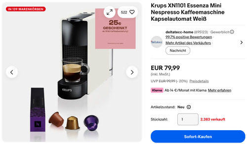 Krups XN1101 Essenza Mini Nespresso Kapselautomat in Weiß Krups XN1101 Essenza Mini Nespresso Kapselautomat in Weiß
