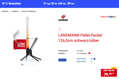 LANDMANN Pellet-Fackel 126,5cm schwarz/silber LANDMANN Pellet-Fackel 126,5cm schwarz/silber