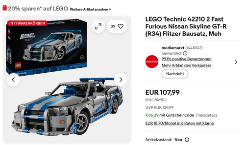 LEGO Technic 42210 2 Fast Furious Nissan Skyline GT-R (R34) Flitzer Bausatz LEGO Technic 42210 2 Fast Furious Nissan Skyline GT-R (R34) Flitzer Bausatz
