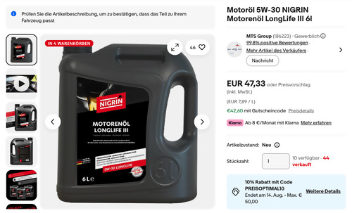 Motoröl 6 Liter 5W-30 NIGRIN Motorenöl LongLife III Motoröl 6 Liter 5W-30 NIGRIN Motorenöl LongLife III