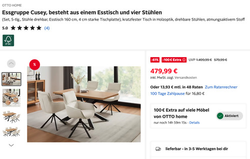 Otto.de - 100 Rabatt auf ausgewählte Möbel von OTTO Home: z.B. OTTO HOME 5-tlg. Essgruppe Cusey