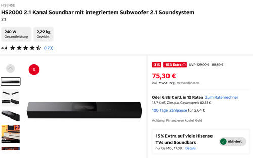 Otto.de - 15% Rabatt auf Hisense TVs und Soundbars: z.B. HISENSE HS2000 2.1 Kanal Soundbar mit integriertem Subwoofer Otto.de - 15% Rabatt auf Hisense TVs und Soundbars: z.B. HISENSE HS2000 2.1 Kanal Soundbar mit integriertem Subwoofer