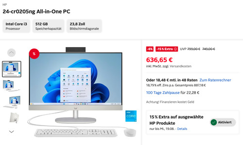 Otto.de - 15% Rabatt auf HP Produkte: z.B. HP 24-cr0205ng All-in-One PC (i3, 512 SSD, 23,8 Zoll, Win 11) Otto.de - 15% Rabatt auf HP Produkte: z.B. HP 24-cr0205ng All-in-One PC (i3, 512 SSD, 23,8 Zoll, Win 11)