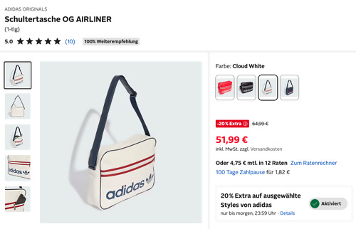 Otto.de - 20% Rabatt auf adidas: z.B. ADIDAS ORIGINALS Schultertasche OG AIRLINER in Cloud White
