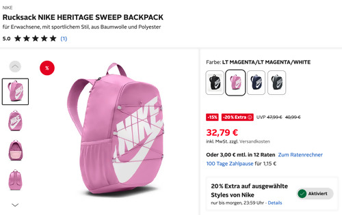 Otto.de - 20% Rabatt auf Nike: z.B. NIKE Rucksack NIKE HERITAGE SWEEP BACKPACK in Magenta