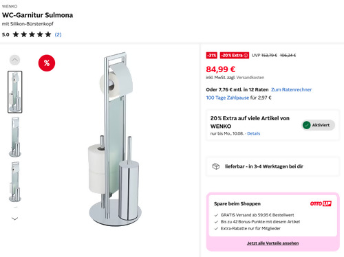 Otto.de - 20% Rabatt auf WENKO: z.B. WENKO WC-Garnitur Sulmona