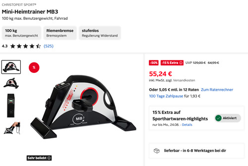 Otto.de - mind. 15% Rabatt auf ausgewählte Sportwaren: z.B. CHRISTOPEIT SPORT Mini-Heimtrainer MB3 Otto.de - mind. 15% Rabatt auf ausgewählte Sportwaren: z.B. CHRISTOPEIT SPORT Mini-Heimtrainer MB3