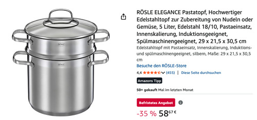Rösle 13153 ELEGANCE 5 Liter Pastatopf mit Pastaeinsatz