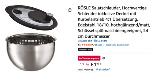 RÖSLE 15695 Salatschleuder mit Glasdeckel Ø 24 cm