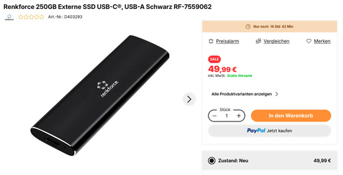 Renkforce RF-7559062 250GB Externe SSD USB-C Renkforce RF-7559062 250GB Externe SSD USB-C