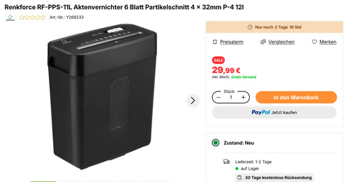 Renkforce RF-PPS-11L Aktenvernichter, 6 Blatt Partikelschnitt Renkforce RF-PPS-11L Aktenvernichter, 6 Blatt Partikelschnitt
