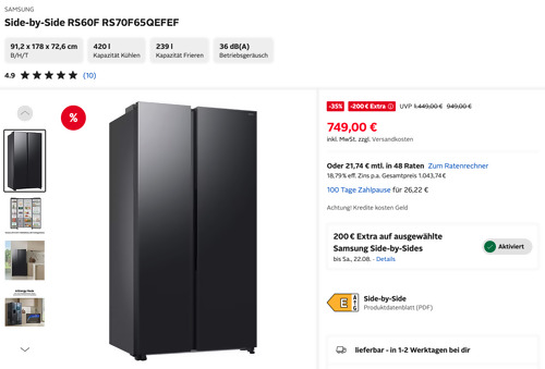 SAMSUNG Side-by-Side RS60F RS70F65QEFEF 659 Liter Kühlschrank