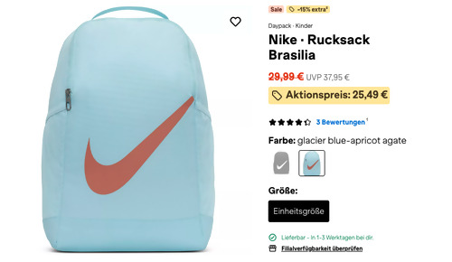 SportScheck.com - 15% Rabatt auf ausgewählte Artikel: z.B. Nike 18 l Rucksack Brasilia in glacier blue-apricot agate SportScheck.com - 15% Rabatt auf ausgewählte Artikel: z.B. Nike 18 l Rucksack Brasilia in glacier blue-apricot agate