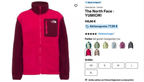 SportScheck.com - 30% Rabatt auf ausgewählte Artikel: z.B. The North Face Damen Fleecejacke YUMIORI in lali guran-burgundy cru - jetzt 30% billiger SportScheck.com - 30% Rabatt auf ausgewählte Artikel: z.B. The North Face Damen Fleecejacke YUMIORI in lali guran-burgundy cru - jetzt 30% billiger
