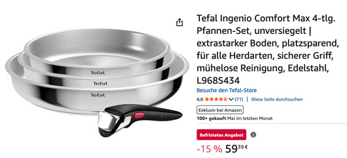 Tefal L968S434 Ingenio Comfort Max 4-tlg. Edelstahl Pfannen-Set Tefal L968S434 Ingenio Comfort Max 4-tlg. Edelstahl Pfannen-Set