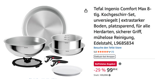 Tefal L968S834 Ingenio Comfort Max 8-tlg. Kochgeschirr-Set - jetzt 22% billiger Tefal L968S834 Ingenio Comfort Max 8-tlg. Kochgeschirr-Set - jetzt 22% billiger