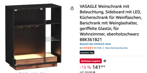 Vasagle BBK361B21 42 x 88 x 105 cm Weinschrank mit Beleuchtung