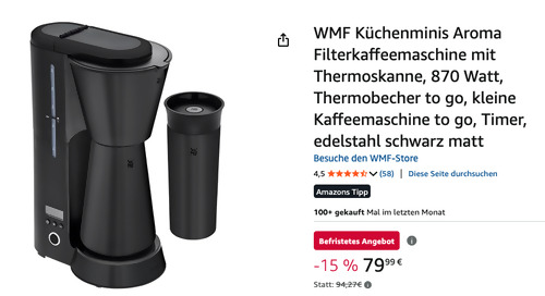 WMF KÜCHENminis Filterkaffeemaschine Aroma Thermo to go Schwarz - jetzt 15% billiger WMF KÜCHENminis Filterkaffeemaschine Aroma Thermo to go Schwarz - jetzt 15% billiger