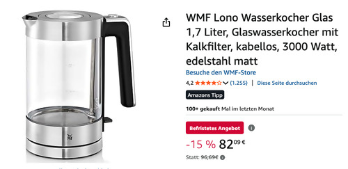 WMF Lono 1,7 Liter Glas-Wasserkocher - jetzt 15% billiger WMF Lono 1,7 Liter Glas-Wasserkocher - jetzt 15% billiger