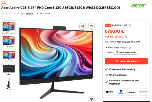 Acer Aspire C27-B DQ.BRSEG.001 27" FHD Core 5 120U 16GB/512GB Win11 All-In-One PC Acer Aspire C27-B DQ.BRSEG.001 27" FHD Core 5 120U 16GB/512GB Win11 All-In-One PC