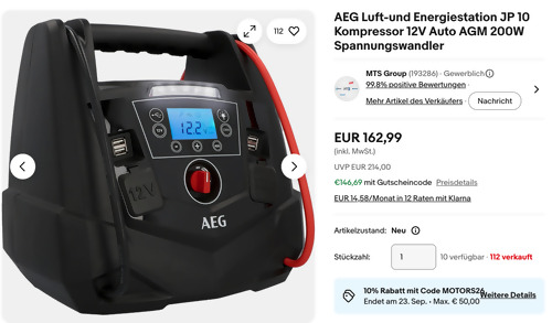 AEG Luft-und Energiestation JP 10 (1250 A Starthilfe, 10 bar / 150 psi, 200 W Spannungswandler) AEG Luft-und Energiestation JP 10 (1250 A Starthilfe, 10 bar / 150 psi, 200 W Spannungswandler)