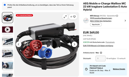 AEG Mobile e-Charge Wallbox MC 22 kW tragbare Ladestation AEG Mobile e-Charge Wallbox MC 22 kW tragbare Ladestation