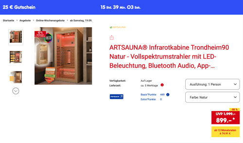 ARTSAUNA Infrarotkabine Trondheim 90 Natur, 1705 Watt ARTSAUNA Infrarotkabine Trondheim 90 Natur, 1705 Watt
