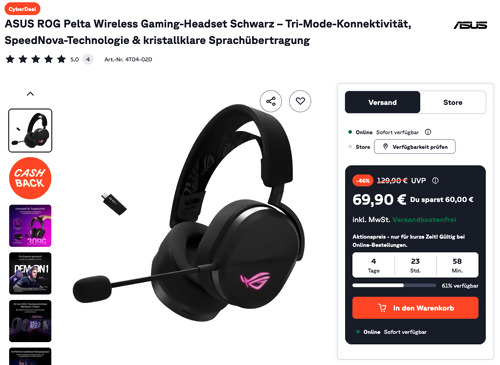 ASUS ROG Pelta Wireless Gaming-Headset Schwarz ASUS ROG Pelta Wireless Gaming-Headset Schwarz