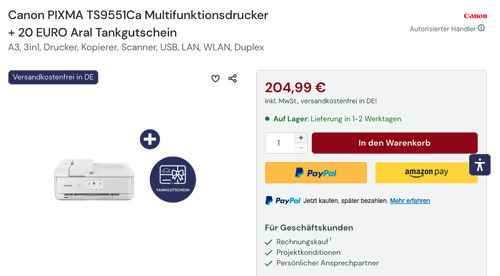 Canon PIXMA TS9551Ca Multifunktionsdrucker + 20 EURO Aral Tankgutschein