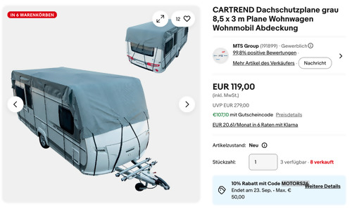 CARTREND 10265 8,5 x 3 m Dachschutzplane grau Wohnwagen Wohnmobil CARTREND 10265 8,5 x 3 m Dachschutzplane grau Wohnwagen Wohnmobil