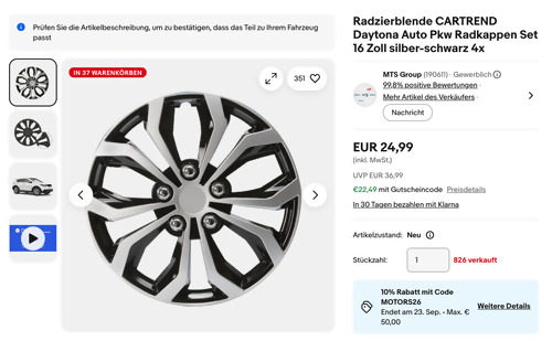 CARTREND 75569 16 Zoll Daytona Auto Pkw Radkappen Set