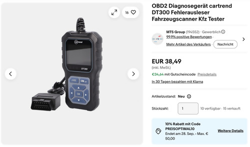 cartrend DT300 OBD2 Diagnosegerät - Kfz Fehlerausleser cartrend DT300 OBD2 Diagnosegerät - Kfz Fehlerausleser
