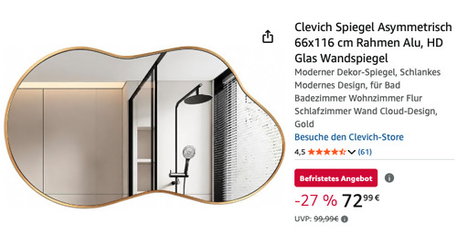 Clevich 66x116 cm Spiegel Asymmetrisch Alu-Rahmen in Gold - jetzt 27% billiger Clevich 66x116 cm Spiegel Asymmetrisch Alu-Rahmen in Gold - jetzt 27% billiger