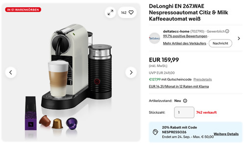 DeLonghi EN 267.WAE Nespressoautomat Citiz & Milk Kaffeeautomat weiß DeLonghi EN 267.WAE Nespressoautomat Citiz & Milk Kaffeeautomat weiß