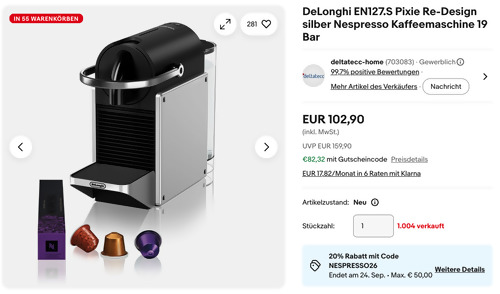 DeLonghi EN127.S Pixie Re-Design Nespresso Kaffeemaschine DeLonghi EN127.S Pixie Re-Design Nespresso Kaffeemaschine