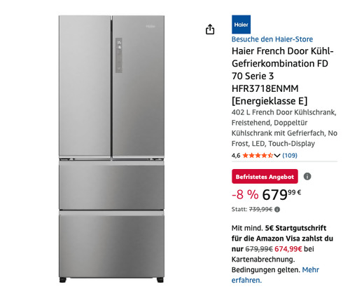 Haier 402 Liter French Door Kühl-Gefrierkombination FD 70 Serie 3 HFR3718ENMM