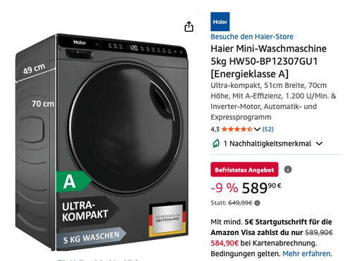 Haier Mini-Waschmaschine 5kg HW50-BP12307GU1