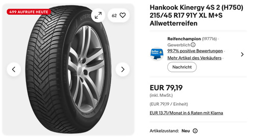 Hankook Kinergy 4S 2 (H750) 215/45 R17 91Y XL M+S Allwetterreifen Hankook Kinergy 4S 2 (H750) 215/45 R17 91Y XL M+S Allwetterreifen