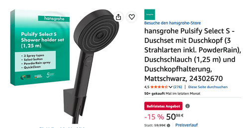 hansgrohe  Pulsify Select S Brausehalterset 105 3jet Relaxation mit Brauseschlauch 125cm in Mattschwarz