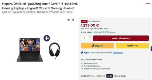 HyperX OMEN 15-ga0051ng Intel® Core i5-14450HX Gaming Laptop inkl. HyperX Cloud III Gaming Headset
