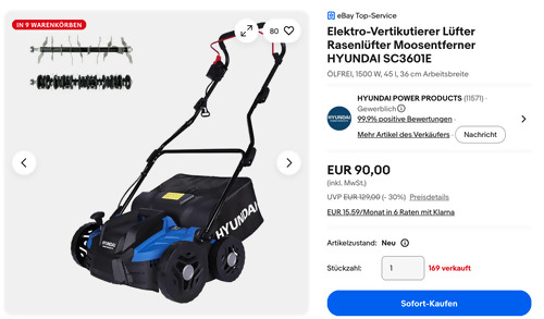 HYUNDAI SC3601E Elektro-Vertikutierer, 36 cm Arbeitsbreite