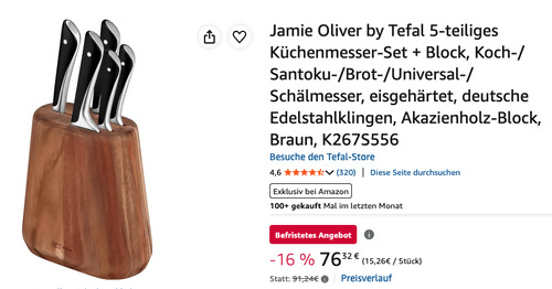 Jamie Oliver by Tefal K267S556 5-teiliges Küchenmesser-Set + Block Jamie Oliver by Tefal K267S556 5-teiliges Küchenmesser-Set + Block