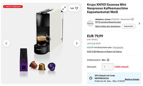 Krups XN1101 Essenza Mini Nespresso Kaffeemaschine Kapselautomat Weiß