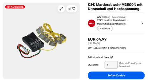K&K Marderabwehr M3500N mit Ultraschall und Hochspannung
