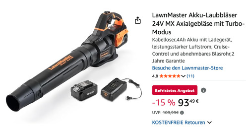 LawnMaster Akku-Laubbläser 24V MX Axialgebläse mit Turbo-Modus LawnMaster Akku-Laubbläser 24V MX Axialgebläse mit Turbo-Modus