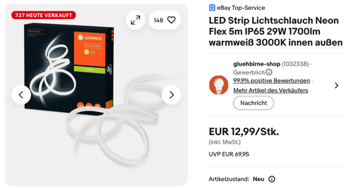 Ledvance LED Strip Lichtschlauch Neon Flex 5 Meter IP65 29W 1700lm - jetzt 52% billiger Ledvance LED Strip Lichtschlauch Neon Flex 5 Meter IP65 29W 1700lm - jetzt 52% billiger
