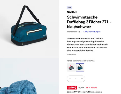 NABAIJI Schwimmtasche Dufflebag 3 Fächer 27 L